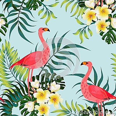 Seamless tropical pattern with exotic leaves, flowers and flamingos. Cartoon Illustration